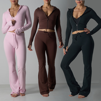 CNSHELL Flare Legging & Celana Katun Jersey Modal Wanita Set Dua Potong Crop Hoodie Ritsleting Pinggang Tinggi Slim Fit Stretch