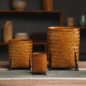 Caja de Té de Bambú Tejida, Redonda, con Cuatro Patas, Hecha a Mano, Organizador de Oficina, Contenedor de Almacenamiento, Portaplumas de Escritorio - Product Image 1