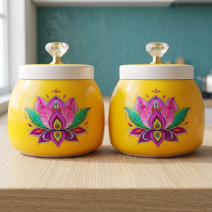 Ensemble de pots à épices en métal avec design lotus, couvercles ronds jaunes hermétiques pour la cuisine - Product Image 5