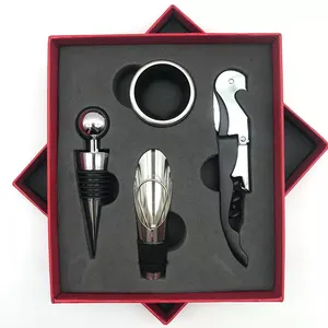 Schnelle Lieferung 4-teiliges Weinauföffner-Geschenkset mit schwarzer Schachtel, Weinstopper, Korkenzieher, Ausgießer und Flaschen-Ring