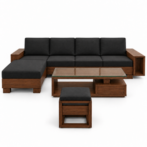 Modern L Shaped Wood Sofa Set With <b>Black</b> Cushions <b>Storage</b> Coffee Table And Ottoman Living Room Furniture - Product Image 1
