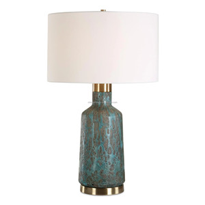 Lámpara de Mesa Moderna con Base de Cristal y Florero de Cerámica Verde Oliva Brillante |   Iluminación Elegante y Tranquila para Habitaciones de Hotel y Salas de Estar - Product Image 4