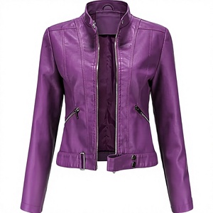 Chaqueta de motociclista de cuero genuino morado para mujer con cierre de cremallera y cuello alto - Product Image 1