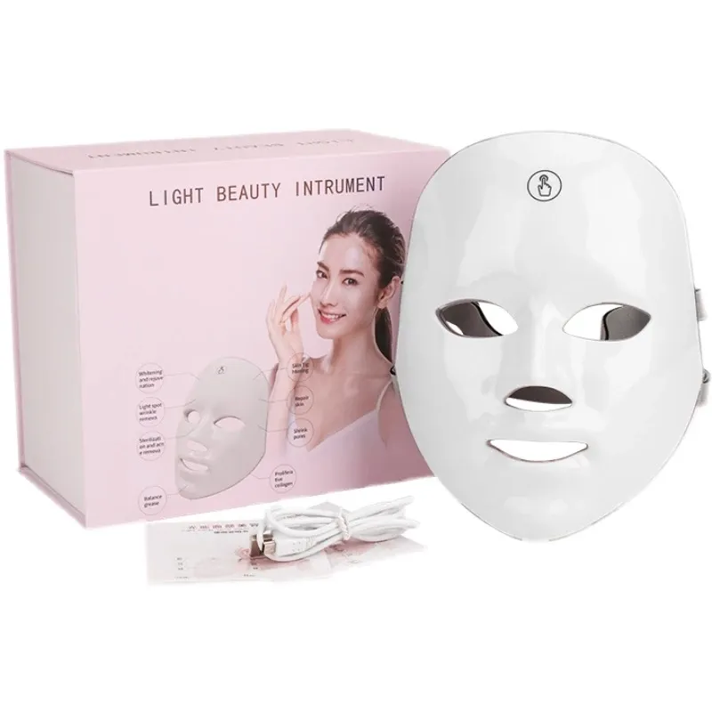 Máscara facial de led com luz 7 cores, tratamento de cuidados com o pescoço, cuidados com a pele, terapia de anti acne, rejuvenescimento da pele