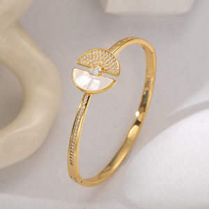 European Style Shell Inlaid <b>Copper</b> <b>Bracelet</b> Gold And Silver Geometry Design Women's Jewelry Gift - Product Image 3