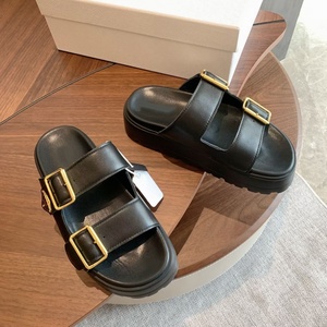 designer <b>Black</b> Genuine Leather Platform men's <b>Slides</b> slippers With <b>Gold</b> Buckle Open Toe EVA Sole Summer Casual Women's Sandals - Product Image 2