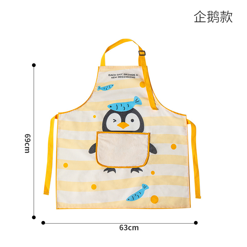 Wipeable apron with yellow stripes and a penguin design