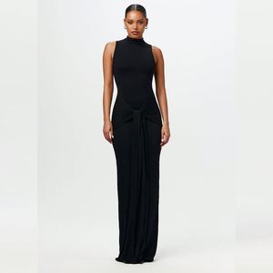 2024 nuovo <span class=keywords><strong>vestito</strong></span> di moda mezzo collo alto irregolare canotta per le donne elegante aderente abito lungo increspato pizzo dolce e Sexy senza maniche - Product Image 3