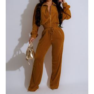 Women's Long Sleeve Lapel Zipper Cardigan Long <b>Pants</b> Casual Two Piece Set Fashion - Product Image 2