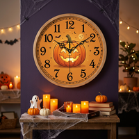 Jam Dinding Kayu Bulat Jack-O-Lantern Halloween 10 Inci OEM, Quartz Senyap, Dekorasi Rumah