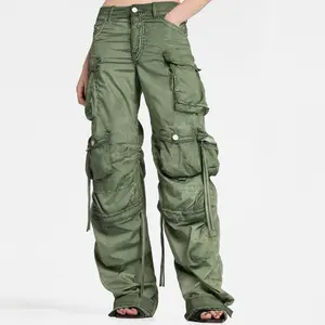 Pantaloni cargo a vita bassa a gamba larga verde militare da donna all'ingrosso personalizzati