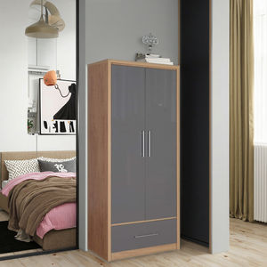 Seconiqueセビリア2ドア2引き出しモダンなワードローブMDFパネルとヒンジ付きグレー光沢/ライトオーク効果ベニヤ - Product Image 3