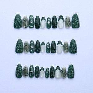 Lot de 24 faux ongles 3D vert ondulé effet œil de chat français, transparents, de luxe, en forme d'amande, pour salon ou DIY, à presser - Product Image 3