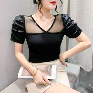 Été Nouveau Design <span class=keywords><strong>Original</strong></span> <span class=keywords><strong>Chic</strong></span> Sexy Mesh Stitching V-neck Heavy Industry Beads Puff Sleeve Fashionable T-<span class=keywords><strong>shirt</strong></span> - Product Image 4