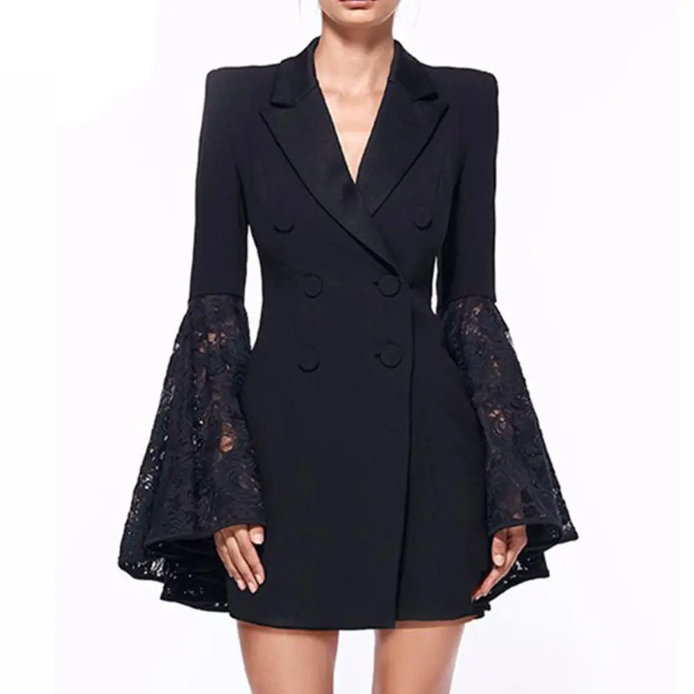 JBeiL S-XL Black White Blazers Women Double Breasted Notched Office Lady Suit Lace Splice Long Sleeve Elegant Plus Size Coat