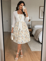 Ensemble deux pièces pour femmes, robe élégante à fleurs et cardigan court à nouer devant, tenue de style doux pour les sorties décontractées printemps/été