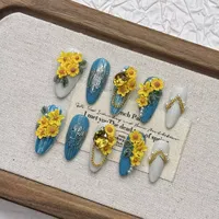 Faux ongles à presser en gros, faits à la main, colorés, motif tournesol, forme courte, en acrylique, avec accents d'osmanthus