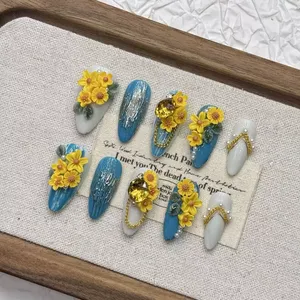 <span class=keywords><strong>Uñas</strong></span> Postizas al por Mayor, Hechas a Mano, Coloridas, con Diseño de <span class=keywords><strong>Girasol</strong></span>, Forma Corta, Acrílicas, con Detalles de Osmanthus - Product Image 5