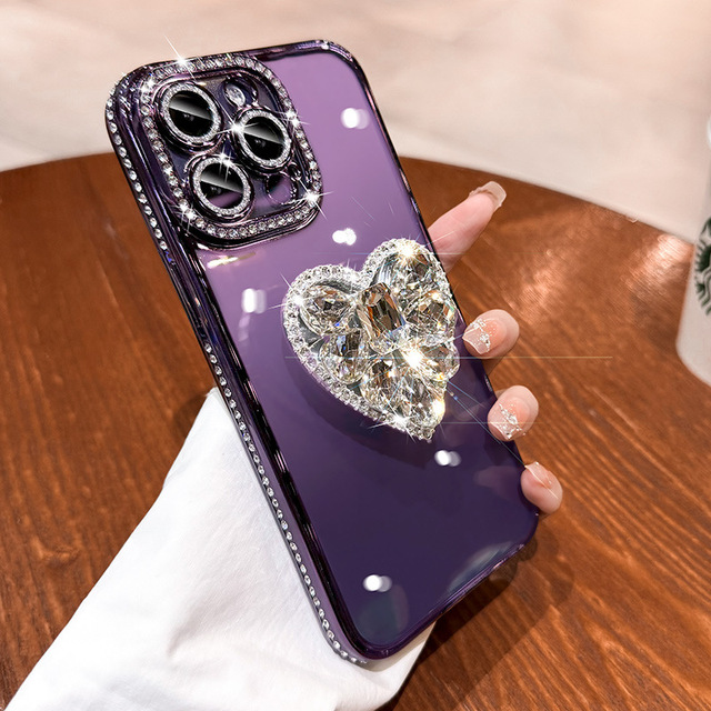 New Luxury 3D Rhinestone love Stand Silicone Plating Phone case for iPhone 16 15 14 13 12 Pro Max with Lens Film Cover