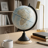 Globe terrestre bleu avec étiquettes chinoises, cadre en métal noir et base en bois naturel, en papier, décoration de bureau