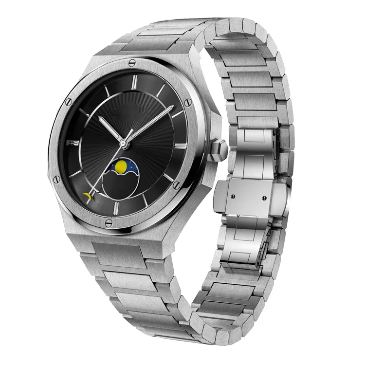 2022 DingCheng 41mm Black Stainless steel Luxury custom watch logo Swiss movement 5ATM waterproof moon Phase man quartz watch