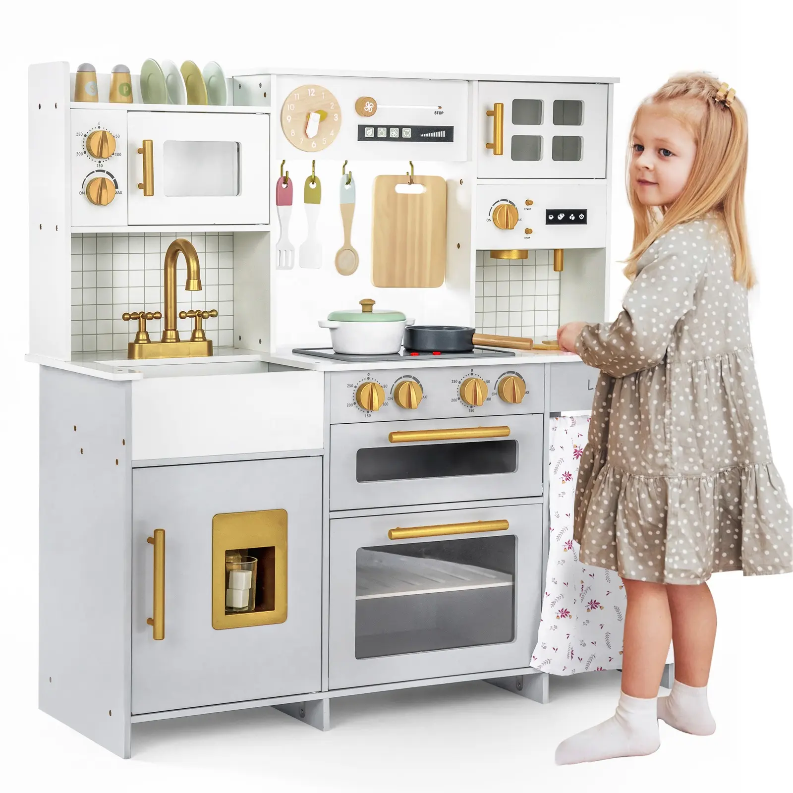 Set peralatan memasak simulasi bayi, mainan dapur kayu untuk memasak setiap anak laki-laki dan perempuan