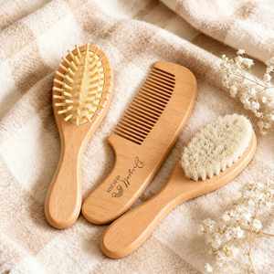 3Pcs Personalised <b>Wooden</b> Hairbrush Set, Custom Engraved Name Baby Brush, Soft Goat <b>Wool</b>, Birth Keepsake Gifts, New Mom Gift - Product Image 2