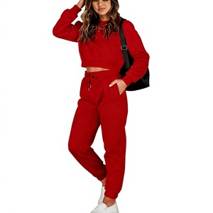 Conjunto Deportivo Casual para Mujer, Color Rojo Sólido, Manga Larga, Pantalones con Cremallera y Capucha, Corte Holgado, Nailon/Algodón, Ropa de Primavera de Secado Rápido, 2 en 1 - Product Image 1