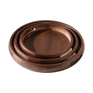 Walnut Bamboo <b>Round</b> <b>Tray</b> With Handle For Tea Coffee Hotel Catering Serving <b>Tray</b> - Product Image 5
