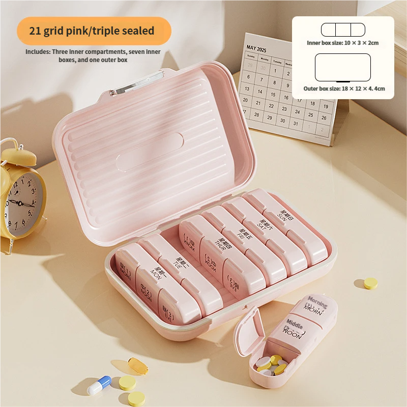 Una caja de medicamentos rosa de 21 compartimentos.