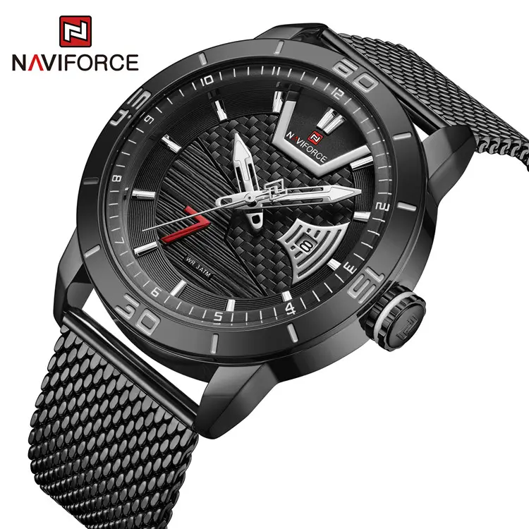 Naviforce 9155A Stainless Steel Milanese Watch Straps 30M Waterproof Large Hands Single Calendar Quartz Men's Casual Watch