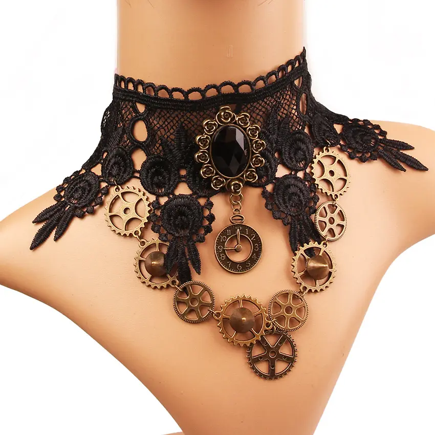 Gargantilla gótica con cuentas de flores negras para mujer, collar de cuello de encaje Sexy, cadena de borlas Vintage, joyería Steampunk para Halloween