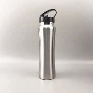 Botol air olahraga baja tahan karat, botol air dinding tunggal kelas makanan 304 dengan tutup sedotan