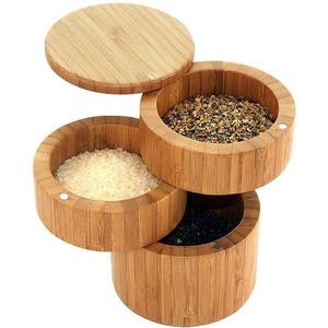Amazon Best Selling Eco-friendly Kitchen Products Bamboo Wood Triple Salt Spices Storage Container Box with Magnetic Swivel Lids