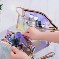 Sac de voyage transparent pour femmes, avec logo personnalisé, couleur laser magique, organisateur de cosmétiques, vente en gros, étiquette privée, sacs à maquillage