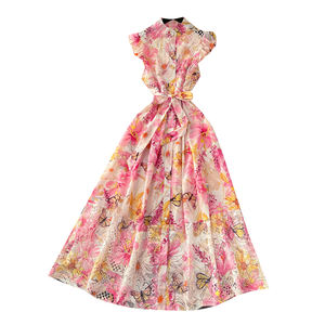 Kadınlar için zarif tunik ince bandaj rahat Midi elbise imparatorluk Patchwork baskılı oyma dantel elbise mor - Product Image 5