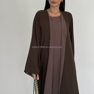 Mới Đến Hai Lớp Voan Kimono Abaya Rắn Đồng Bằng Abaya Ăn Mặc Hai Mảnh Thiết Lập Trọng Lượng Nhẹ Của Phụ Nữ Thiết Lập Polyester Hồi Giáo Phụ Nữ - Product Image 2