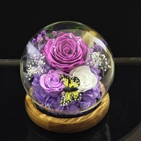 Rose éternelle sous cloche en verre sphérique, fleur éternelle, décoration d'intérieur, figurine de papillon pour bureau, cadeau de la Saint-Valentin