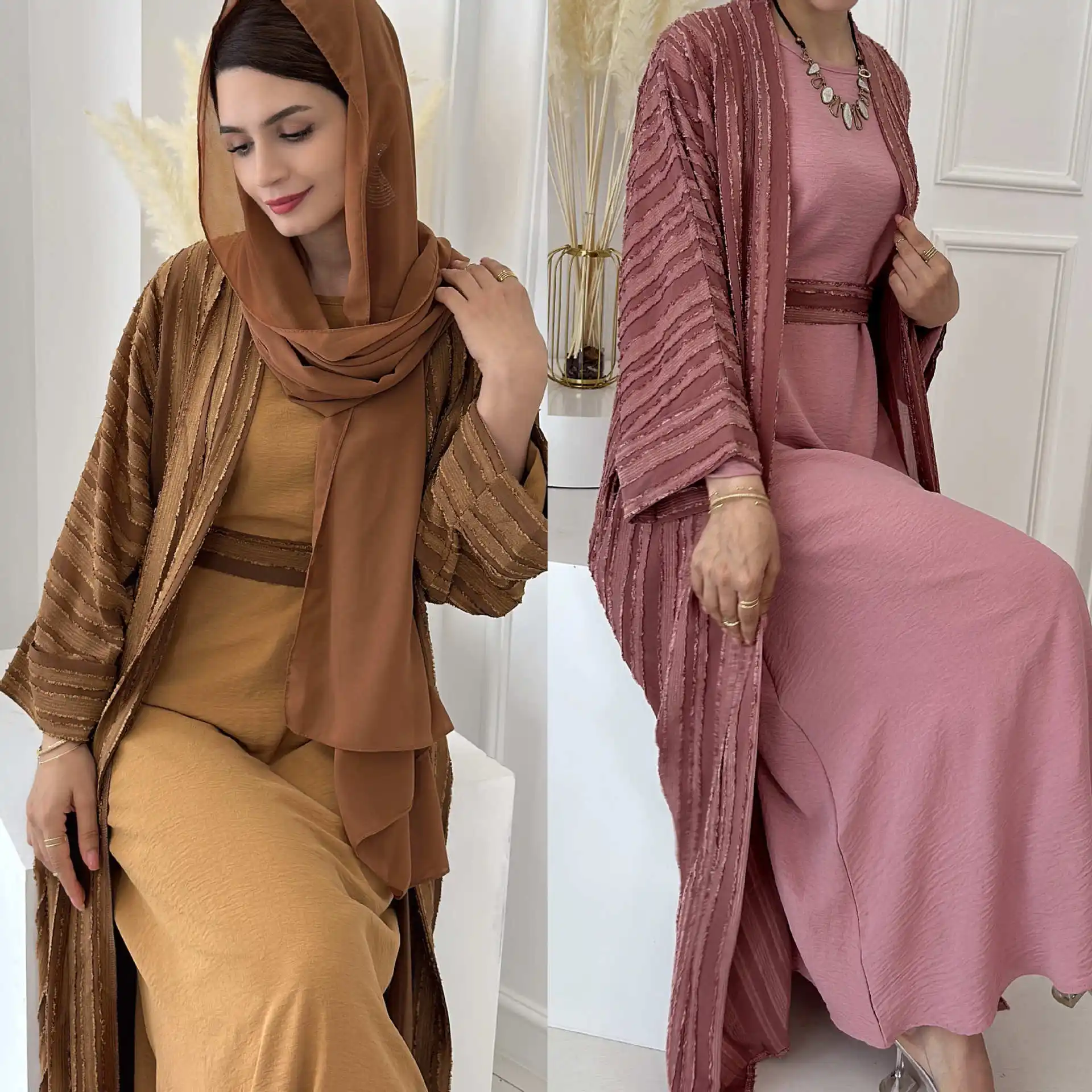 Nueva ropa islámica personalizada Dubai islámico EID modesto Abayas Kimono para mujeres musulmanas vestido con bolsillos raya abierta Abaya