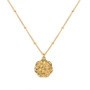Vintage 18K Gold Plated Stainless Steel Beads Chain Necklace Jewelry Charm Flower Pendant Necklace
