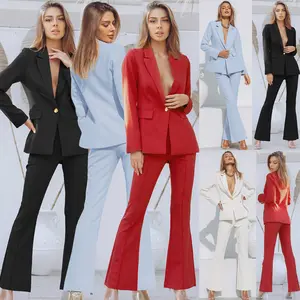 Desain Baru 2022 Setelan Formal Kerah V Rendah & Tuksedo Celana Lebar Pinggang Tinggi 2 Potong Celana Wanita Cocok untuk Bisnis