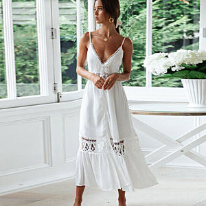 無地の白いパッチ付きフリルロングマキシスリップドレスVネック<span class=keywords><strong>3</strong></span>点セット、カジュアルウェアやビーチウェアに - Product Image 5