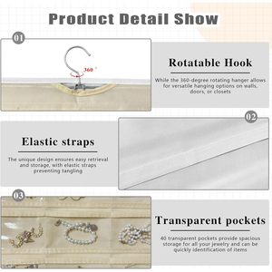 Organisateur de bijoux suspendu, 36 crochets, 40 poches, double face, pour colliers, boucles d'oreilles, rangement pour femmes - Product Image 4