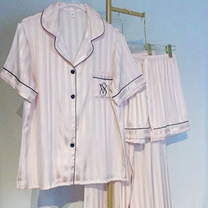 Conjunto de Pijama de Tres Piezas de Seda Helada Transpirable Estilo <span class=keywords><strong>Victoria</strong></span>'s <span class=keywords><strong>Secret</strong></span> para Mujer, de Manga Corta y Cuello Vuelto, para Verano - Product Image 1