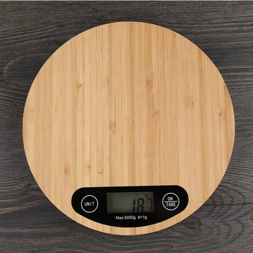 カスタムロゴ5kg1g丸型竹表面デジタルキッチンスケール