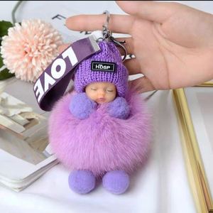 Porte-clés en peluche 3D mignon bébé endormi, pendentif pompon en fourrure de lapin, breloque de sac à main, cadeaux de Noël - Product Image 3