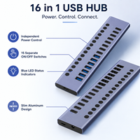Hub USB 3.2 Gen2 16-en-1, 10 Gbps, 8x USB-C + 8x USB-A, Charge rapide PD 30W, Interrupteurs individuels, Hub alimenté en aluminium