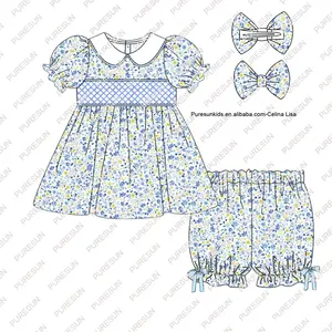 Custom High End Children Smocked Clothing Baby Girl Floral Dress With Bow Clip Set 100% Cotton Spring Toddler Girl Outfit