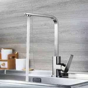 KAWAL Modern <strong>Square</strong> Seven-Shaped Kitchen <strong>Tap</strong> Hot Cold Mixer Sink Faucet Stainless Steel Finish Ceramic Zinc for Hotels - Product Image 3