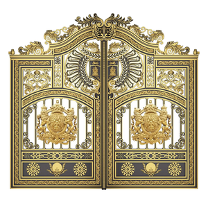 Puerta Metálica Ornamentada de Estilo Europeo Qifan con Acabado Dorado y Diseño de Escudo para Uso Exterior - Product Image 1